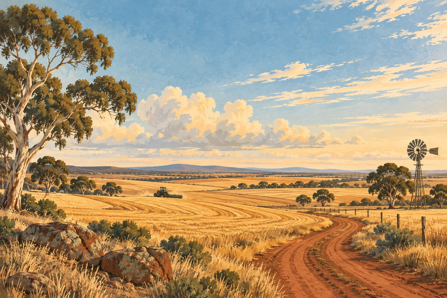 Illustrated golden WA paddocks, eucalyptus trees, a tractor and a red dirt track beneath a wide blue sky